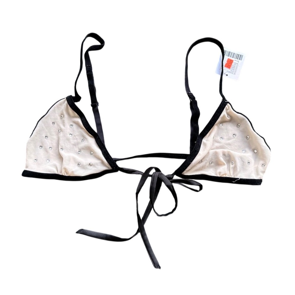 Out From Under Urban Outfitters Rhinestone Mesh Triangle Bralette Cream‎ Black L